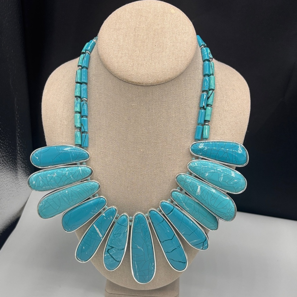 Turquoise Statement Bib Necklace - Blue Gemstone Collar